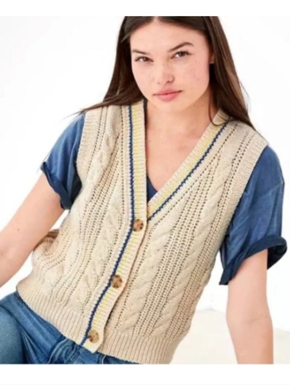 American Eagle Outfitters Cable Knit V-Neck Sweater Vest